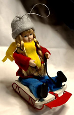 Xmas Girl w Sleigh Wood Metal Sled Large Ornament Porcelain Face Blonde Braids picture