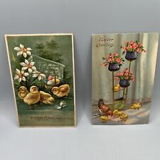 Pair Of Antique Easter Postcards Chicks And Flowers C1908 picture