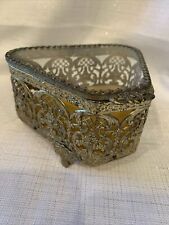 Vintage Antique Victorian Brass Glass Jewelry Casket Footed Box Padded picture
