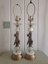 Pair Vintage Hollywood Regency Angel Cherub Lamps Marble, Brass, Glass Ornate picture
