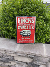 Antique Vintage Old Style Sign Fincks Overalls Made USA - Measures 20 x 14 picture
