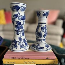 Vintage Cobalt Blue White Pillar Type Candlestick Holder Ceramic Set of 2 picture