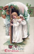 CHRISTMAS - Two Girls At The Door To Wish You A Merry Christmas Winsch Postcard picture