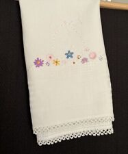 Vintage Linen Hand Embroidered Tatted Edge Dish Towel White Floral 19” x 34” picture
