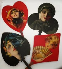 Antique Rolf Armstrong Hand Paper Fan Set Woman Flapper Girl Contract Bridge picture