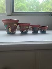 VTG Handmade Mexican Folk Art Pottery Set Of 4 Pots Planters Hand Painted Drain  picture
