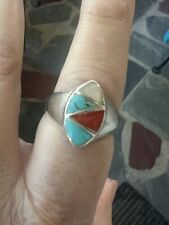 Vintage Sterling Navajo Mother of Pearl Coral Turquoise Inlay Signet Ring  9.5 picture