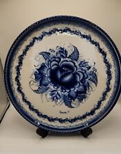 Gzhel decorative porcelain plate platter hand-painted Blue flowers Russian VTG picture