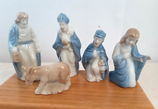 Vintage Christmas Nativity Blue White Porcelain Set of 5 Figures Unmarked Small picture