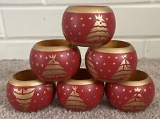 Christmas Tree Red and Gold Lacquered Wood Napkin Rings Lot of 6 Holiday Dining picture