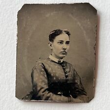 Antique Tintype Photograph Beautiful Young Woman Short Hair Print Dress picture