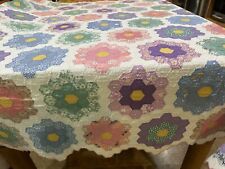 Vintage Hand stitched 1920s-30 Grandmothers Flower Garden Quilt Feed Sack 73x80” picture