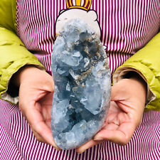 2.55LB natural blue celestite geode quartz crystal mineral specimen healing picture