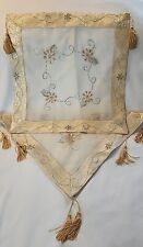 Vintage Society Silk Embroidery 15” Square Gold Flowers/Silver Swirls w/Tassels  picture