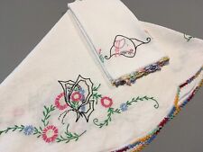 VTG Mid Century Embroidered Butterfly Bonnet Lady Tablecloth Tea Towel Lot of 2 picture
