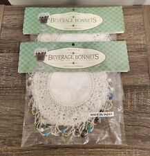 Set of 8 Beaded Beverage Bonnets White Lace Crochet Drink Covers Fringed New picture