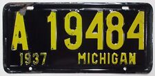 Michigan 1937 License Plate A 19484 Original Paint Nice Gloss picture