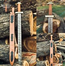 Custom Handmade Damascus Steel Sword Viking Sword With Unique Leather Sheath picture