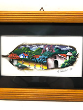 EL SALVADOR C.A Village Life Landscape Art Painting On Feather Framed signed VTG picture