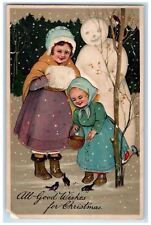 c1910's Christmas Mother And Daughter Handwarmer Birds Snowman Embossed Postcard picture