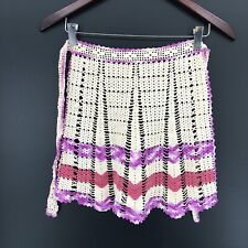 Vintage Handmade Crochet chevron knit boho Half Apron Ivory purple kitchen linen picture