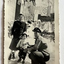 Vintage Snapshot Photograph Woman Man & Boy With Snowman Sporting Hat Mustache picture