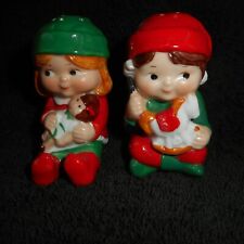 ceramic Avon holiday Christmas boy & girl Elves 1983 Salt & Pepper shakers set picture