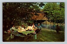 NY-New York, Enjoying A Picnic, Scenic Covered Bridge, River Vintage Postcard picture