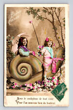RPPC French Hand Colored Fantasy Two Girls Sisters Riding Snail Flowers Postcard picture