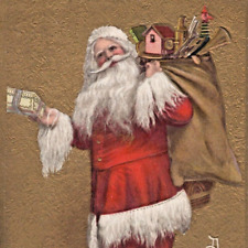 1910s Santa Claus Presents Gift Bag Joyful Christmas Xmas Embossed Postcard picture