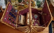 LARGE Vintage Wicker Picnic Basket W/ NEW Cups Dishes And Utensils Double Hinge  picture