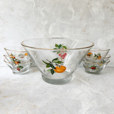 Vintage Hazel Atlas gold rim hand painted fruit cherry glass MCM bowl set picture