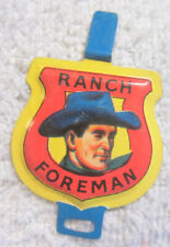 1 Post Raisin Bran Cereal ad Tin Litho Ranch Foreman Cowboy Metal Badge Pin VTG picture