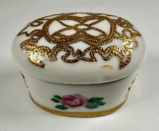 Vintage Porcelain Hand Painted Ornate Gold Pink Roses Trinket Ring Box picture
