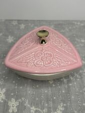Vintage MCM California Pottery Triangle Shaped Lidded Dish Pink Floral picture