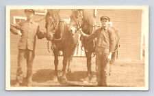 RPPC Two Men with Two Horses Large Barn Real Photo Postcard picture