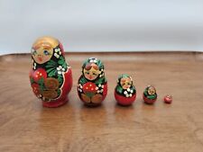 Vintage Hand Painted Red Strawberry Wooden Russian Matryoshka Nesting Dolls 5 Pc picture
