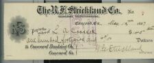 1907 R.F. Strickland Co. Concord Ga Check $145.60 Lewis A. Crossett A7 picture
