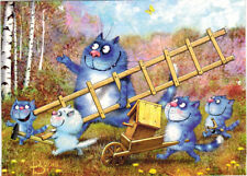 R.Zenyuk APRIL Team of CATS will install BIRD HOUSE Russian postcard picture