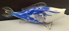 Vintage Hand Blown Fish in White Glass with Blue Home Décor Collectible picture