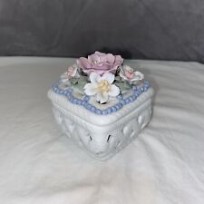 Antique Square Basket Weave Porcelain Floral Lidded Trinket Box picture