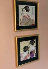 Exquisite Pair Original Japanese Geisha Beauties Woven In Silk, Signed & Framed picture