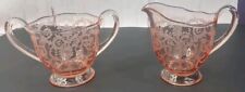 Vtg Fostoria Versailles Etched Pink Glass Footed Creamer and Open Sugar Set Read picture