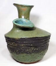 MODERNIST 2 HEADED HAND COILED STONEWARE VASE IN MOSS GREEN/AQUA/SEPIA BROWN picture