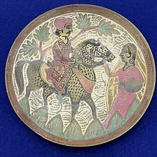Vintage Hand Painted Indian Brass Wall Plate Hanging Man On Horse Engraved 5” picture