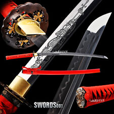 All Red Katana Clay Tempered T10 Steel Battle Ready Japanese Samurai Sharp Sword picture