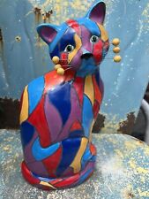 VTG WhimsiClay Amy Lacombe Cat figurine MYSTIC Kitty VASE  Stained Glass picture