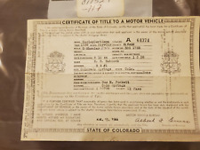 Vintage 1938 Harley-Davidson Servi-Car Certificate of Title, Colorado picture