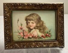 Vintage Antique Victorian Ephemera Trade Card Framed, Young Girl With Flowers picture