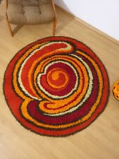 Handmade round wool rug red orange yellow brown vintage 60s 70s mid-century 53
